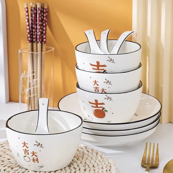 ชุดจานชามเซรามิค ชุดจานชาม ลายส้มมงคล ชามลายเซรามิก จานลายเซรามิคกระเบื้อง 1ชุด/15ชิ้น