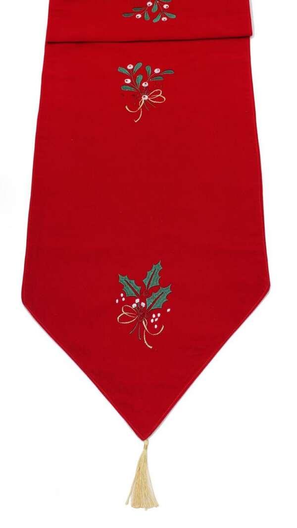 ผ้าปูโต๊ะลายกุหลาบ - ผ้าปูโต๊ะยาวสีแดงปักลายกุหลาบ