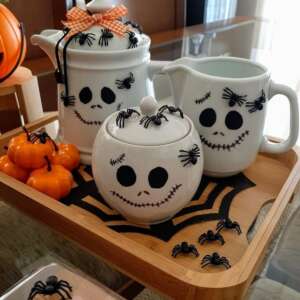 ชุดแก้วฮาโลวีน - ชุดแก้วเซรามิกพิมพ์ลายกระโหลกและแมงมุม